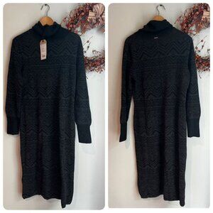 prAna South Rock Sweater Midi Length Dress Size LARGE in Charcoal Intarsia Wool